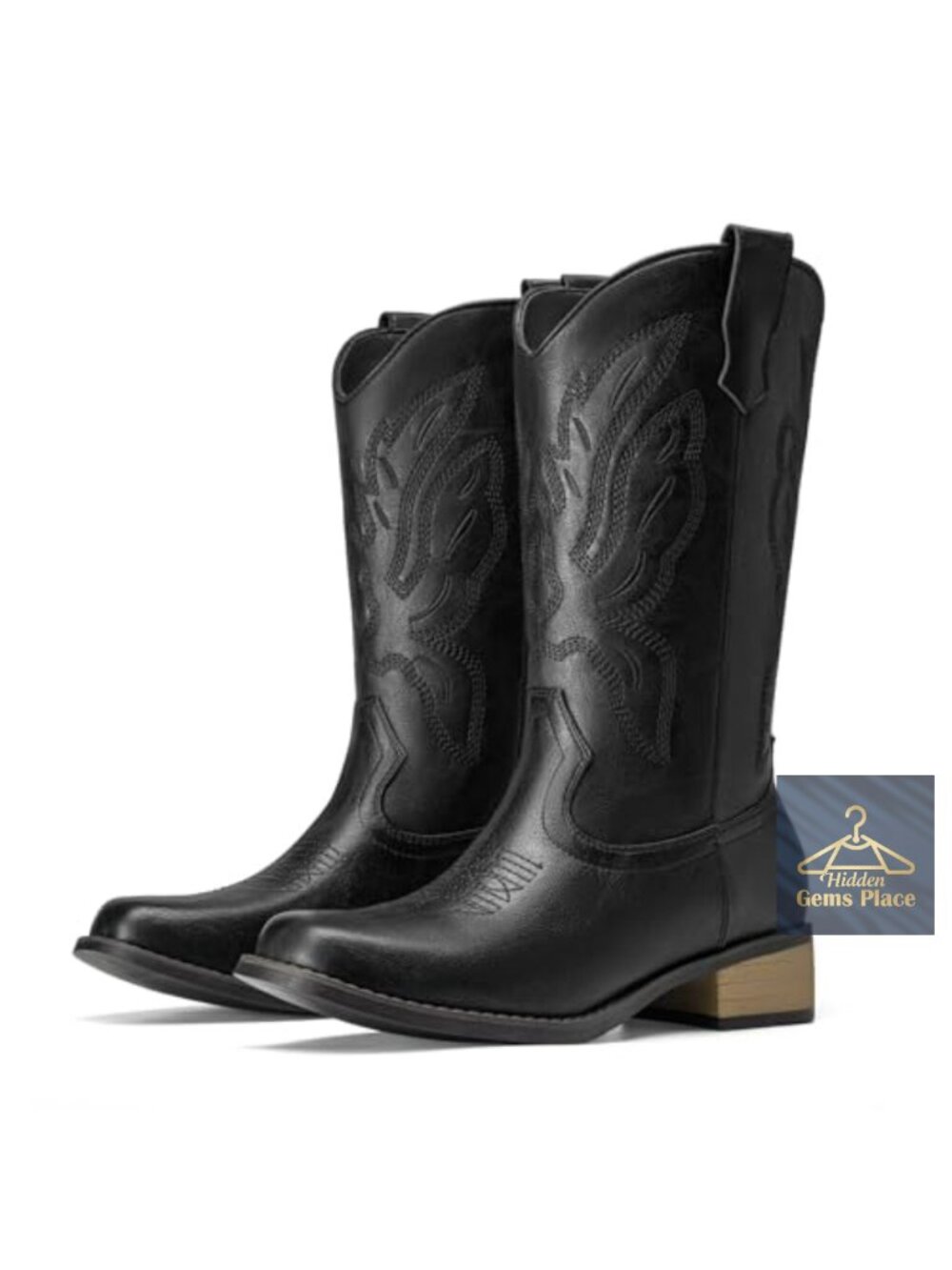 Athlefit Western Mid Calf Cowboy Boots Square Toe Faux Leather